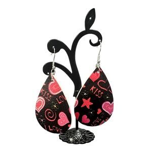 Boutique New faux leather teardrop shaped graffiti drop earrings